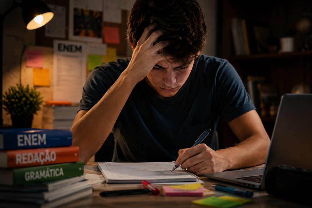 Estudante concentrada revisando sua redação do ENEM com anotações em ambiente de estudo