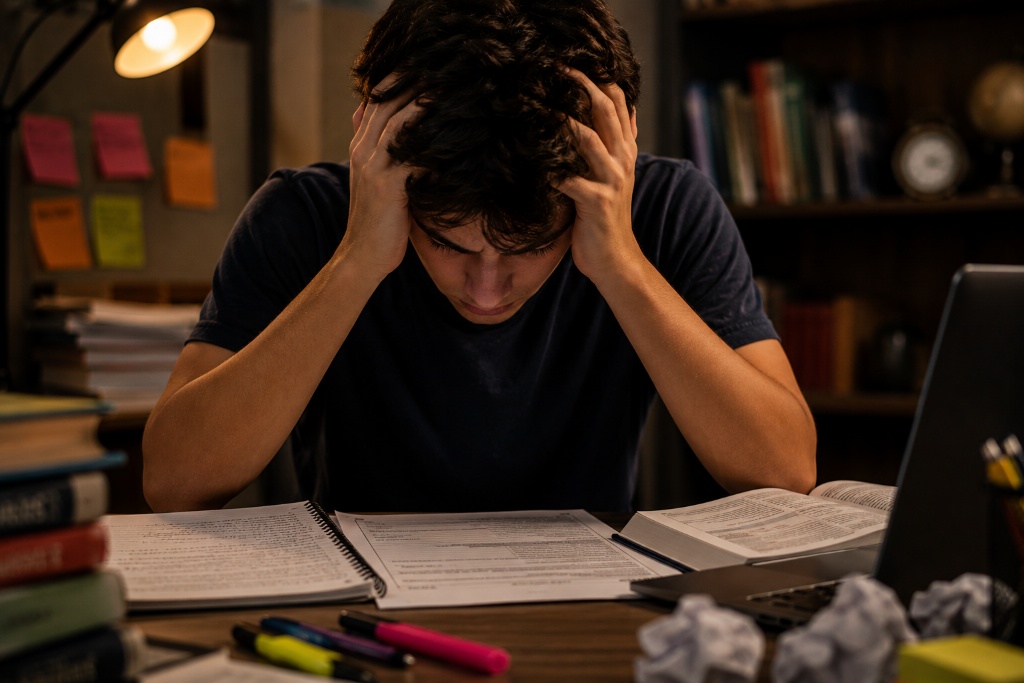 Estudante com expressão de cansaço diante de cadernos e folhas de redação, demonstrando frustração com os estudos