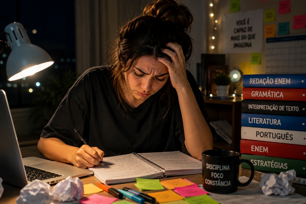 Estudante analisando folha de redação com marcações, buscando entender os critérios de correção
