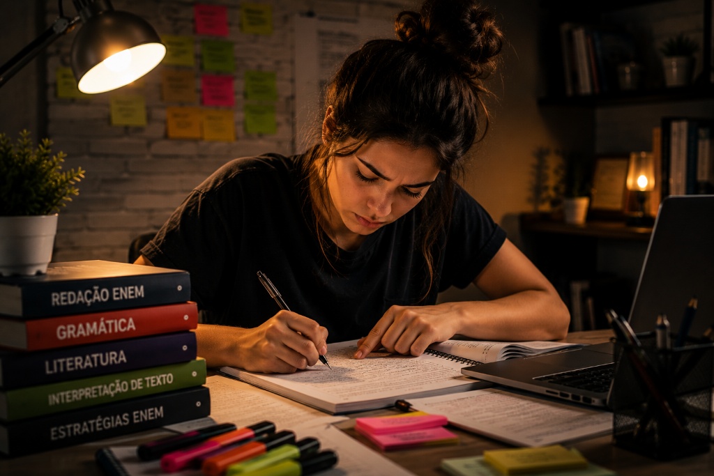 Estudante confiante organizando seu plano de estudos com anotações estruturadas
